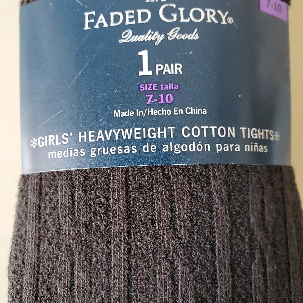 NWT Faded Glory Girls Gray Heavyweight Cotton Tights, Size 7-10